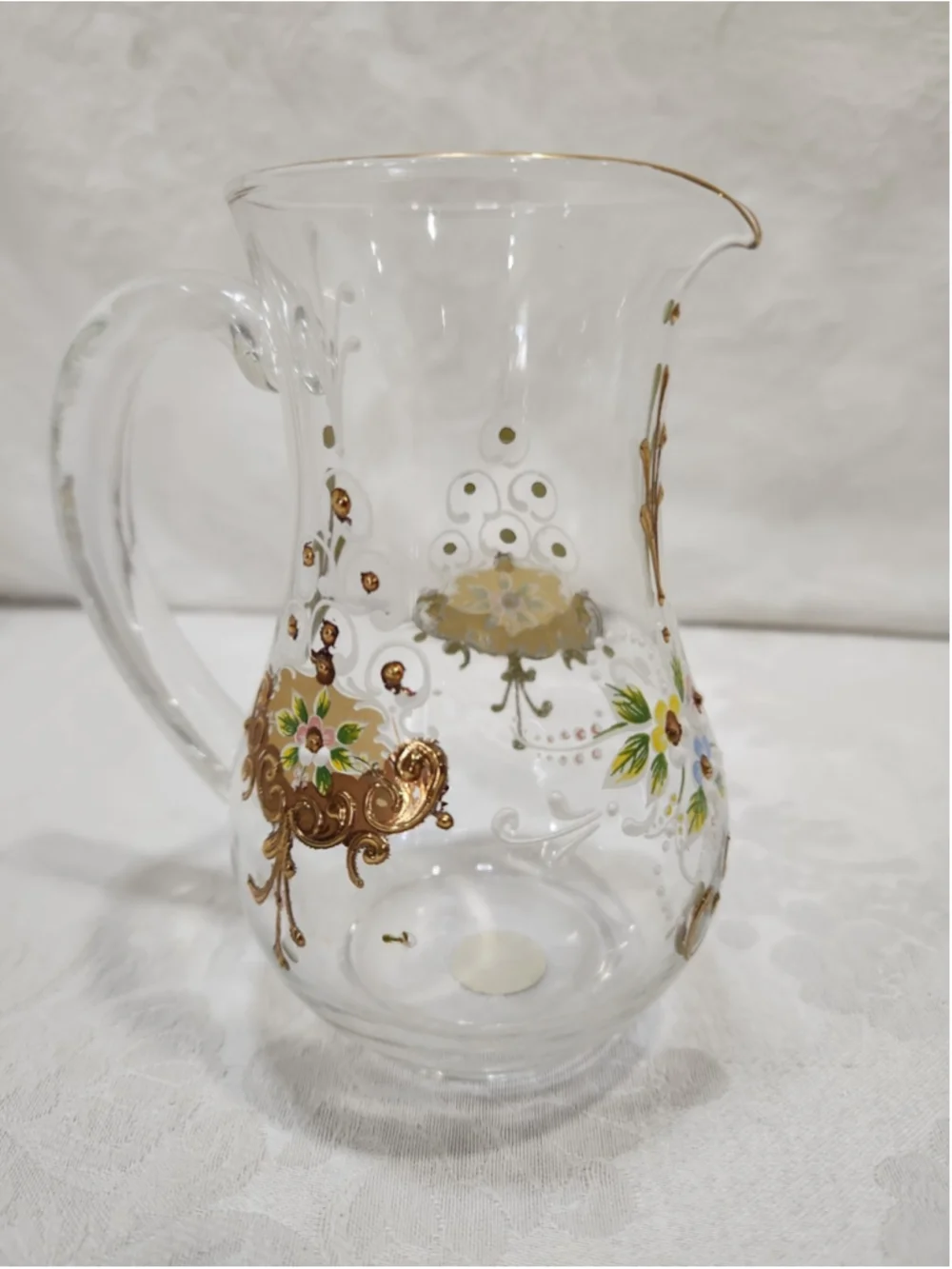 Vintage Murano Glass Small Pitcher 24K Gold Venetian Tre Fuochi Enamel Floral 5